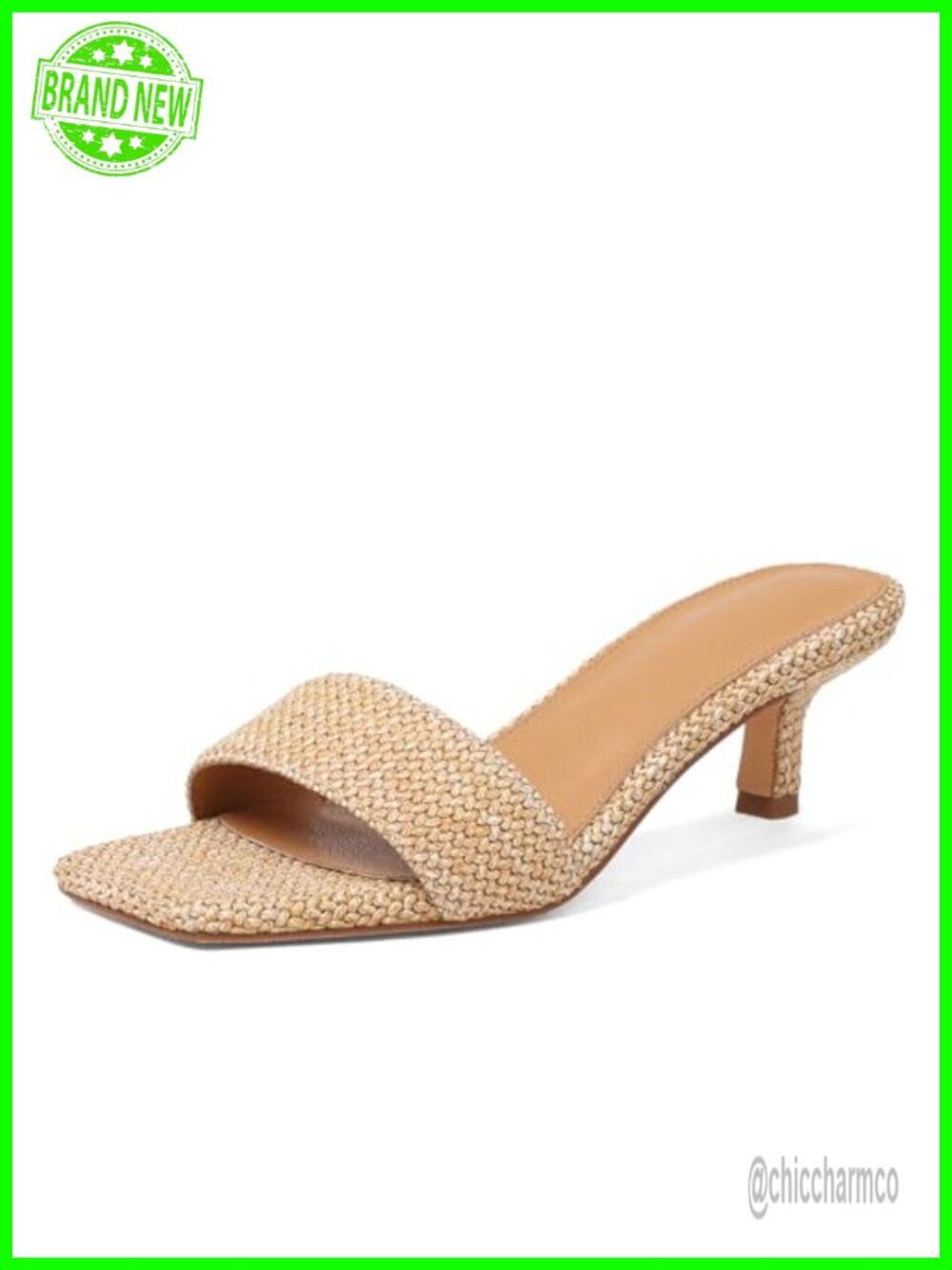 Ancomafio Women's Raffia Kitten Heel Sandals 2 Inch Square Open Toe Slip On